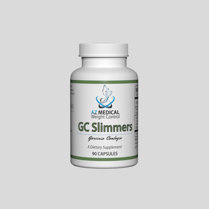 Supplement bottle labeled 'GC Slimmers' by AZ Medical on a gray background