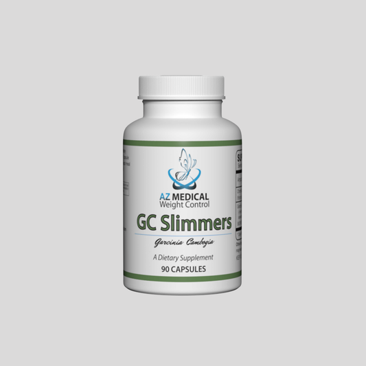 Supplement bottle labeled 'GC Slimmers' by AZ Medical on a gray background