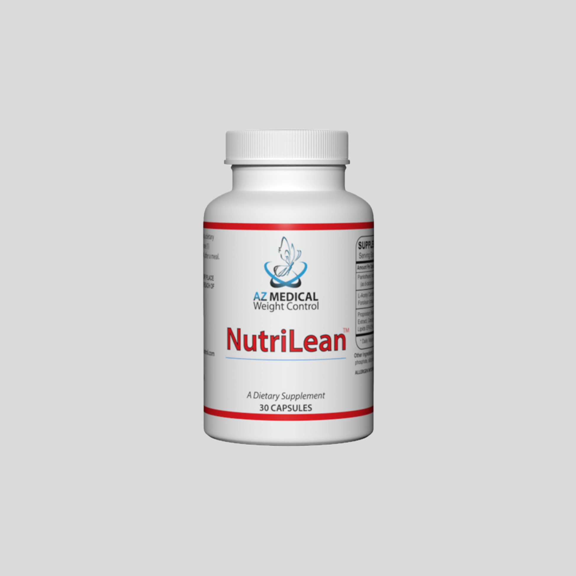 Nutritional supplement bottle labeled 'NutriLean' on a gray background