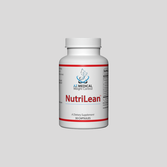 Nutritional supplement bottle labeled 'NutriLean' on a gray background