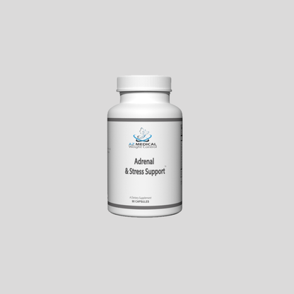 Supplement bottle labeled 'Adrenal & Stress Support' on a gray background