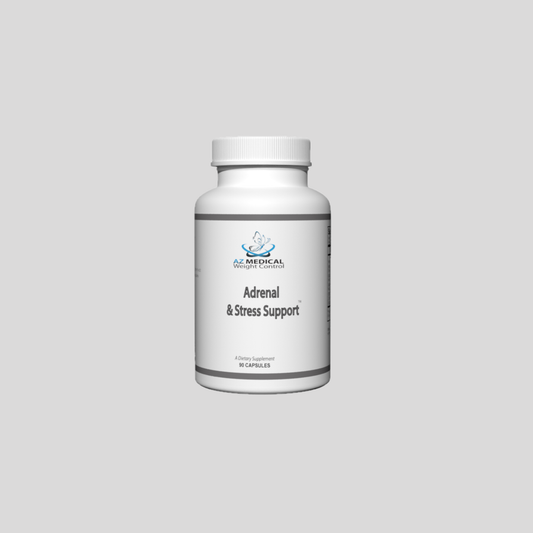 Supplement bottle labeled 'Adrenal & Stress Support' on a gray background